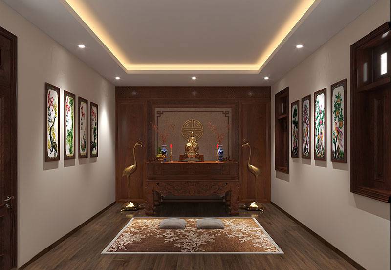 Trần thạch cao phòng thờ giật cấp đơn giản