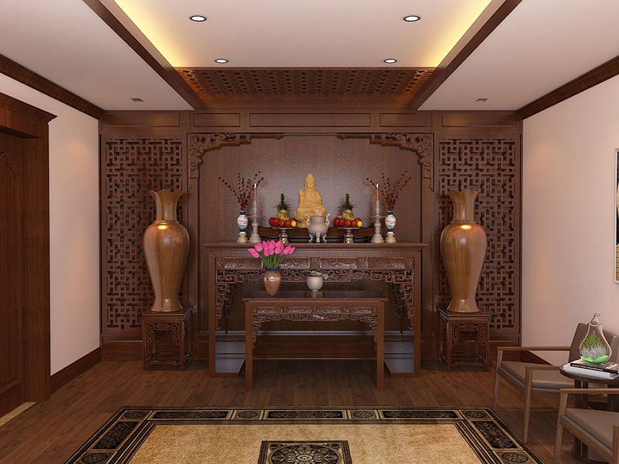 Trần thạch cao phòng thờ kết hợp gỗ